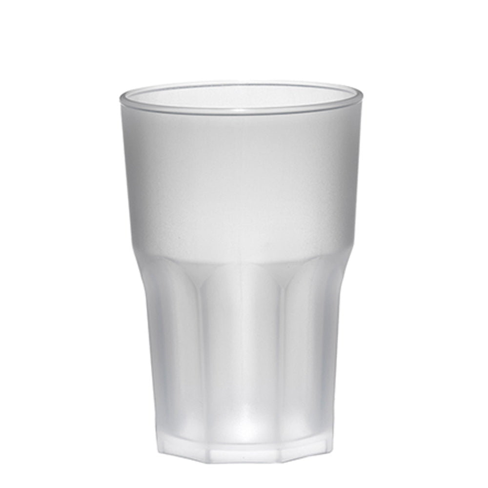 Ondoorzichtig doorschijnend wit plastic glas met gefacetteerde oppervlakken en gladde rand