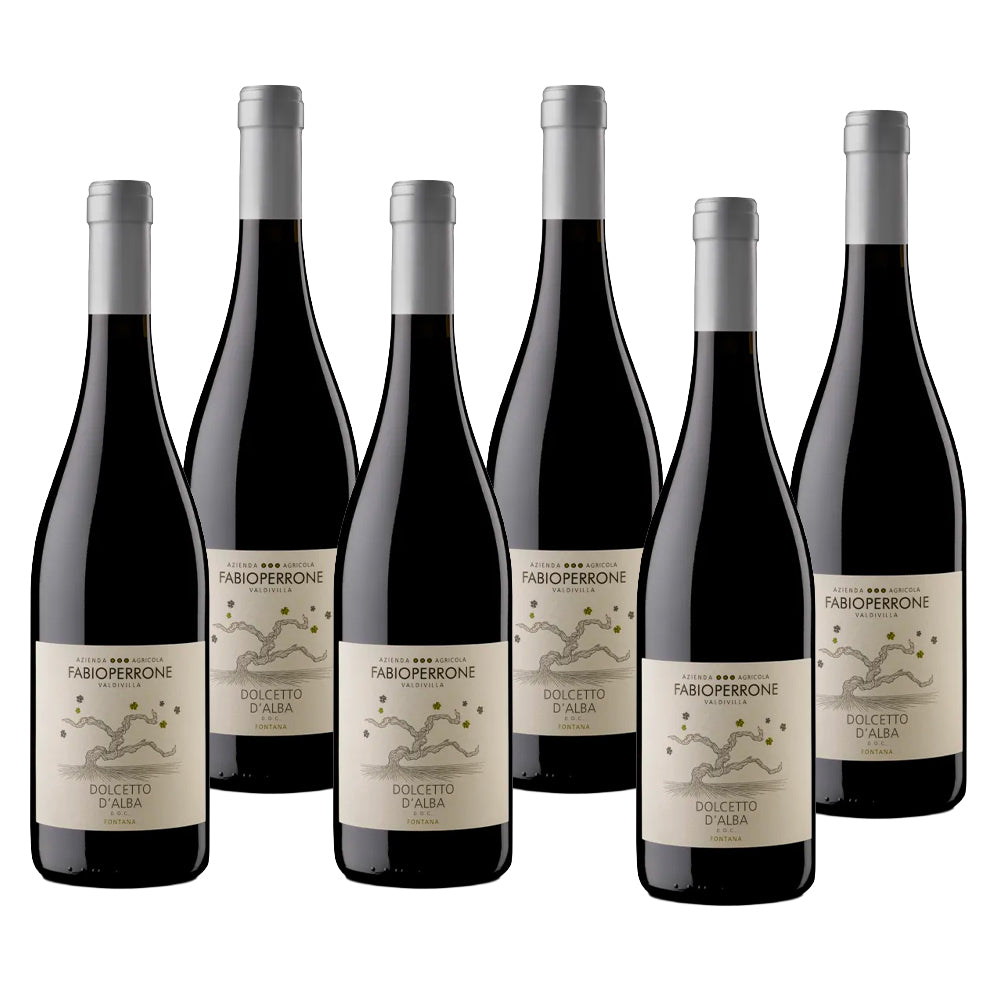 Six red wine bottles, beige label with black lettering, grey caps, tree design and "Fabio Perrone" logo.