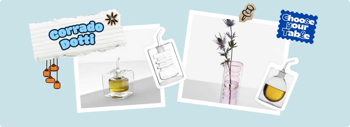 Composizione di oggetti di design: bicchiere con liquido giallo, contenitore piccolo e carta da parati strappata.
