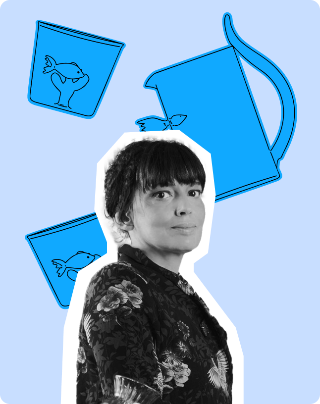 Woman with dark floral jacket, hair tied back with bangs, light blue background with blue pitcher drawings and
