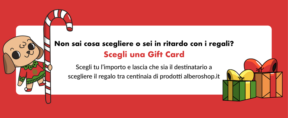 Drawn puppy with red sweater, white and red candy cane and green and orange gift packages on red and white background with text