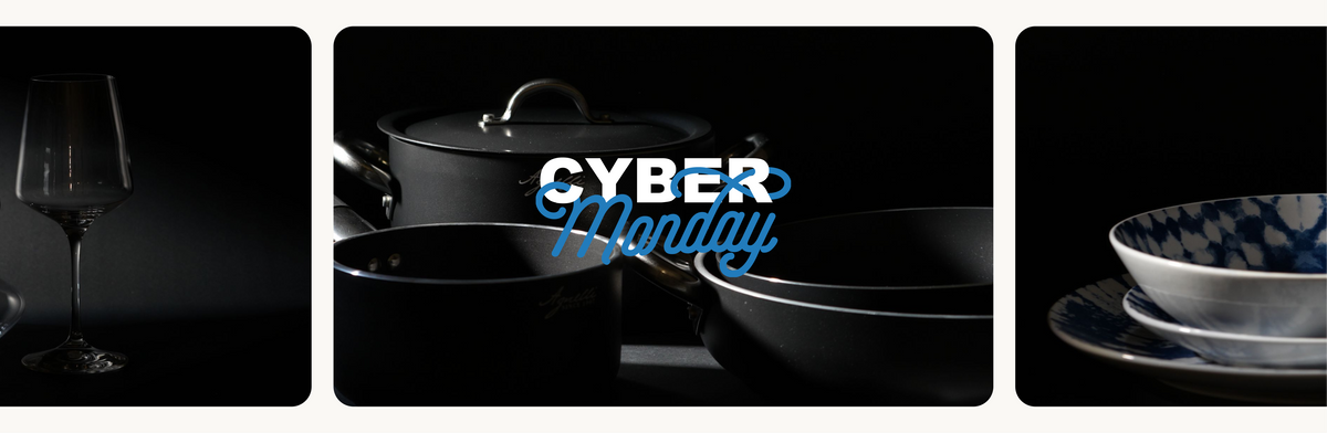 Black metal pots with handles, CYBER Monday text overlaid, glass and plates with white and blue bowl on black background.