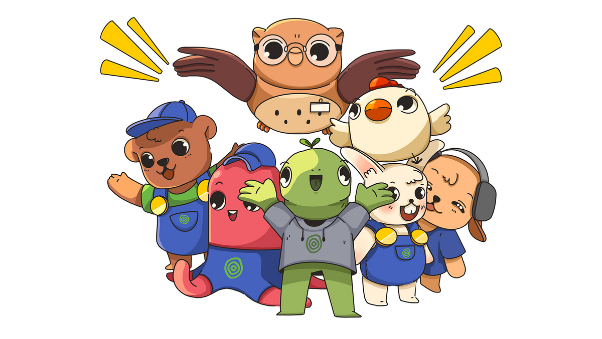 Illustrazione di personaggi animati: gufo, orso, coniglio, criceto, tucano e altro animale.