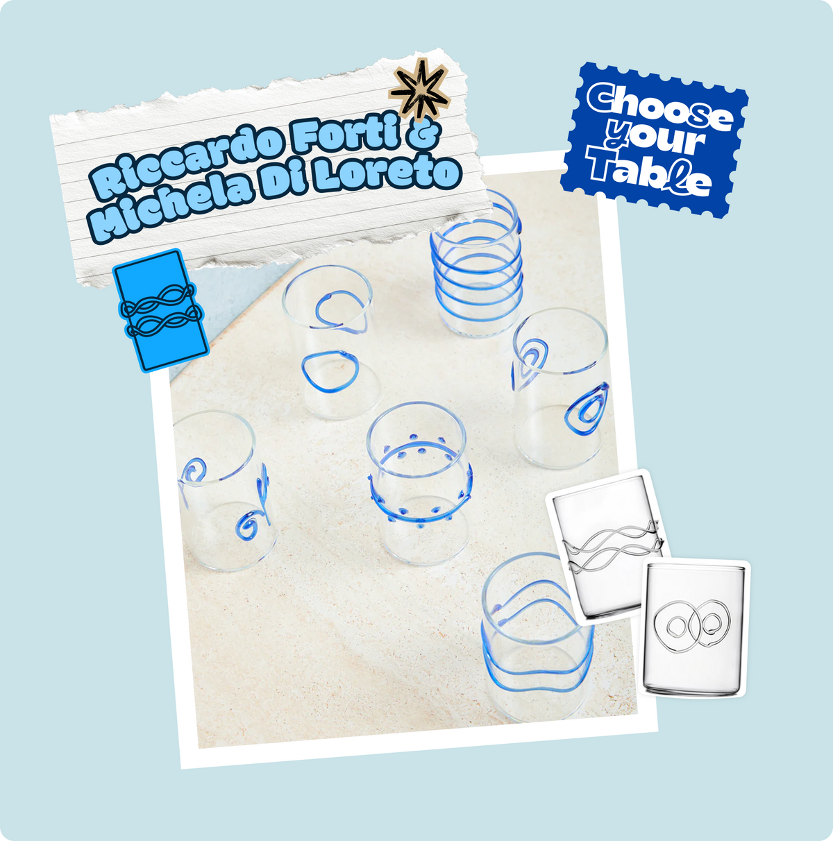 Bicchieri di vetro con disegni blu su sfondo bianco.