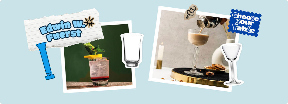 Cocktail con liquore, ghiaccio e frutta in un bicchiere trasparente. Sfondo scuro e decorazioni di stelle e frecce.