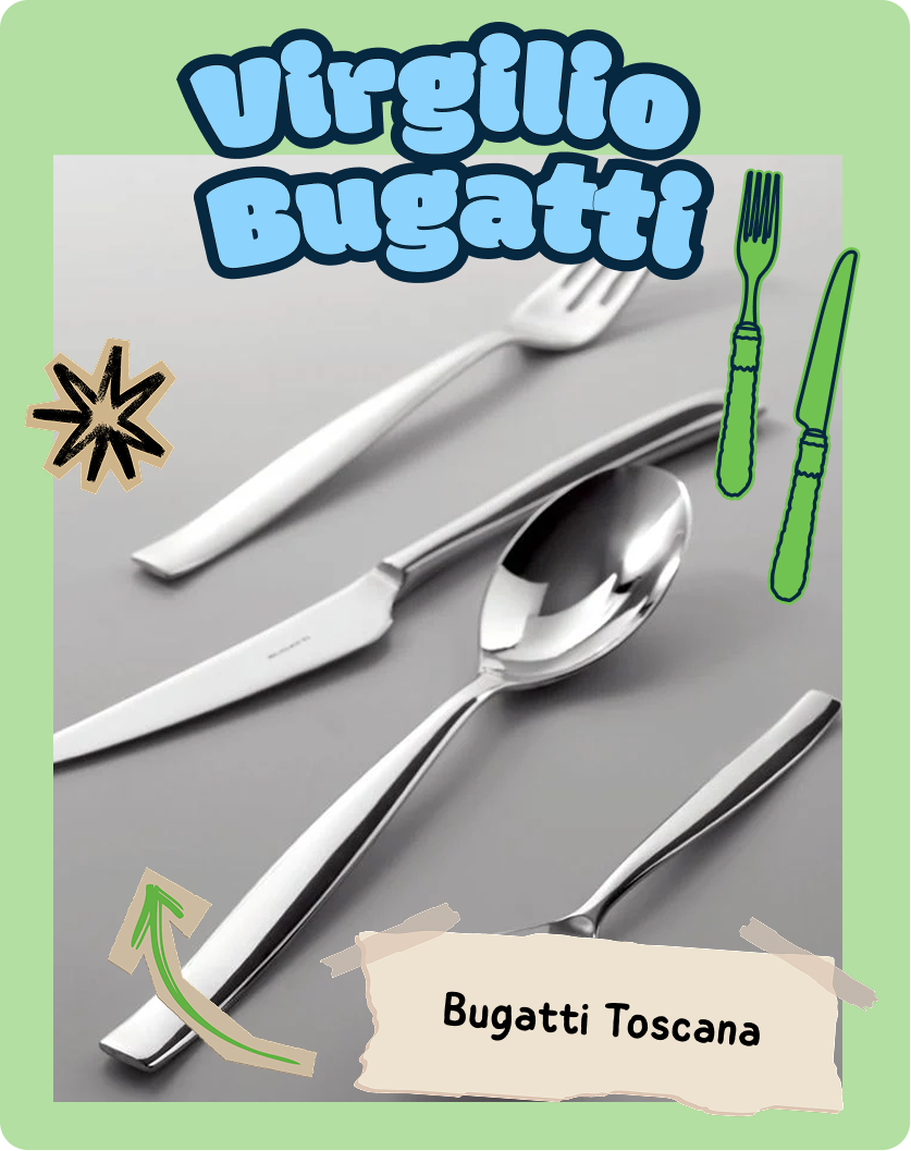 Set di posate in acciaio inossidabile, forchetta, cucchiaio e coltello, sfondo neutro, marchio Bugatti Toscana.