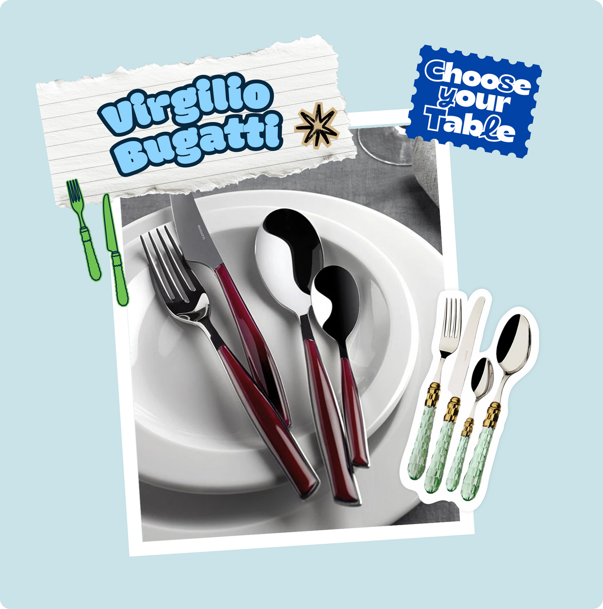 Set di coltelli e posate Bugatti Toscana in acciaio inox.
