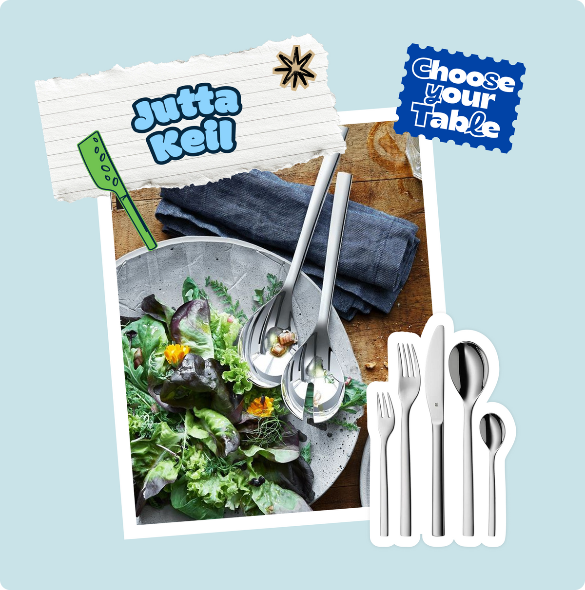 Jutta Keil con coltello e insalata.