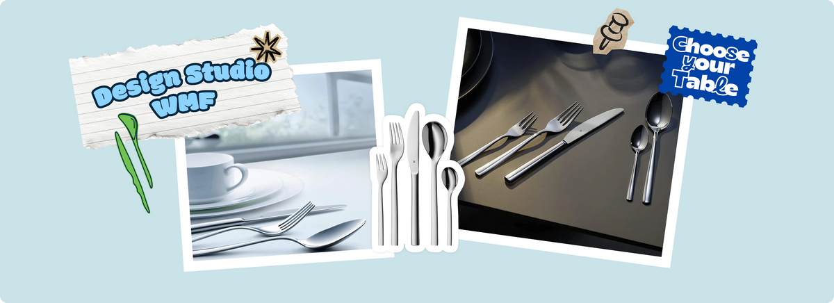 Set di posate in acciaio inossidabile con piatto bianco, parte del set Design Studio WHF.