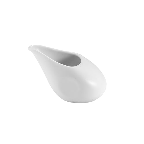 Salsaio bianco in ceramica a forma allungata con apertura ovale, fondo piatto, su sfondo bianco.