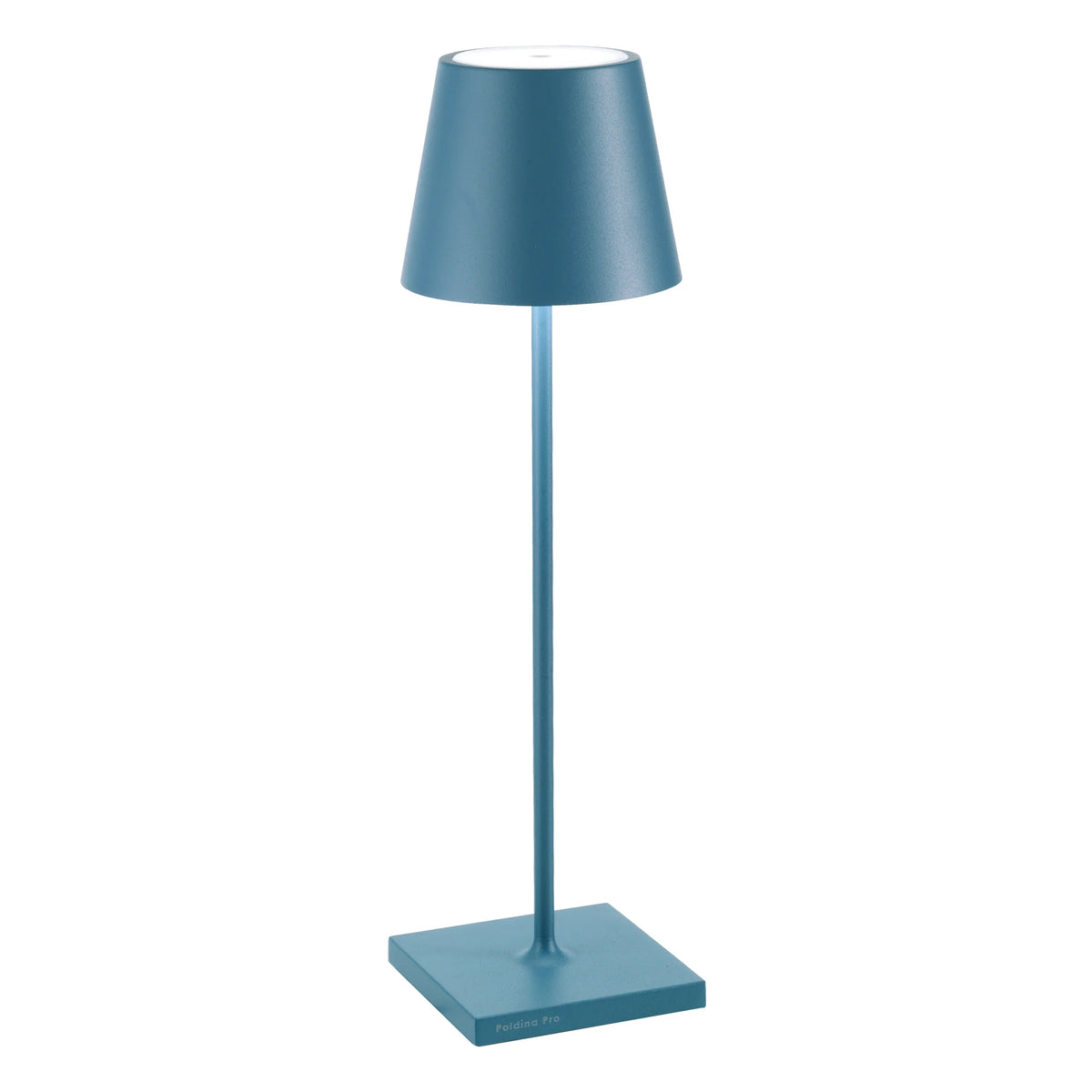 Blue table lamp with conical shade, square base and metal structure, modern minimalist design.