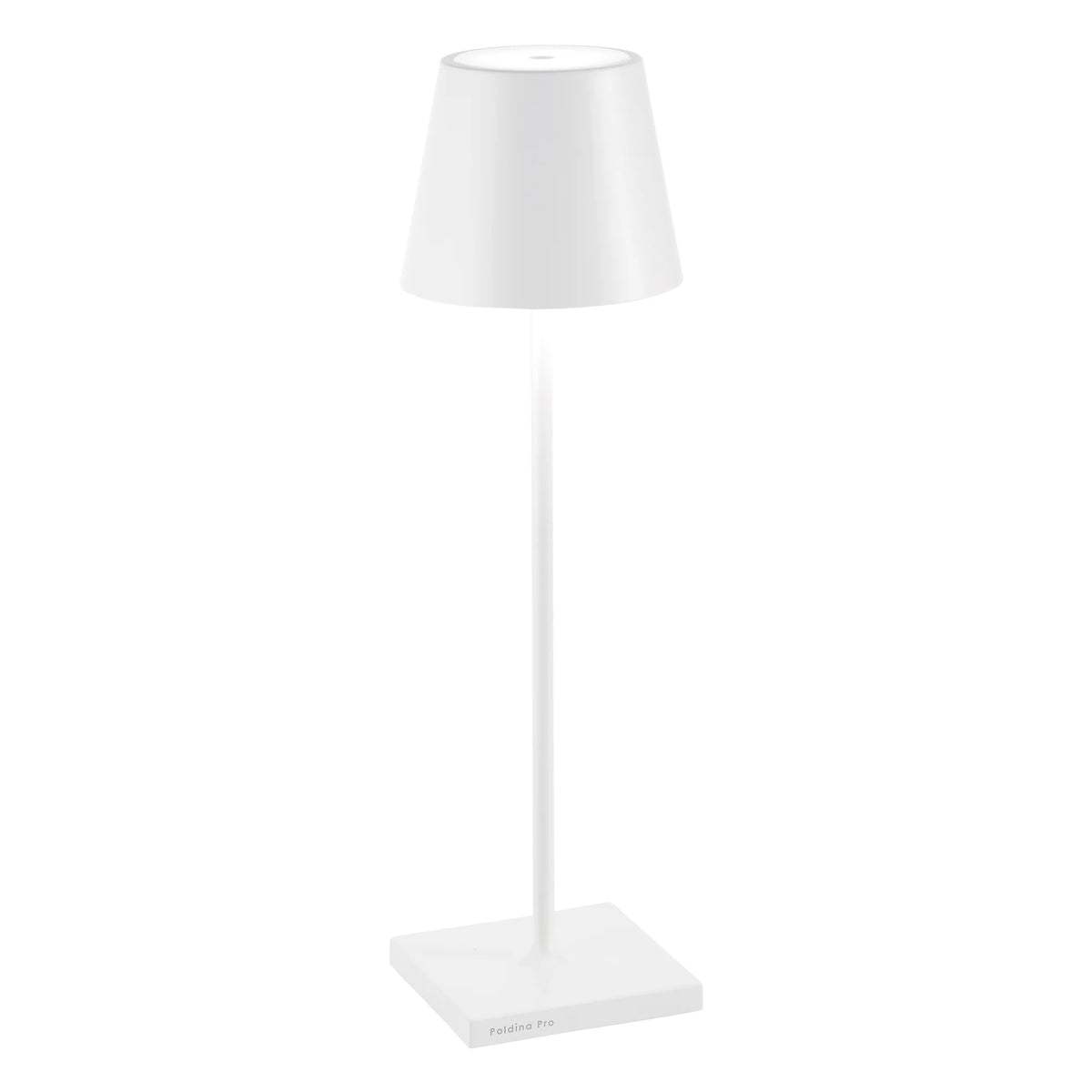 White table lamp with conical shade, square metal structure and base, minimalist Poldina Pro design