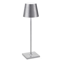 Table lamp with square base, stem and metallic gray shade, simple modern design