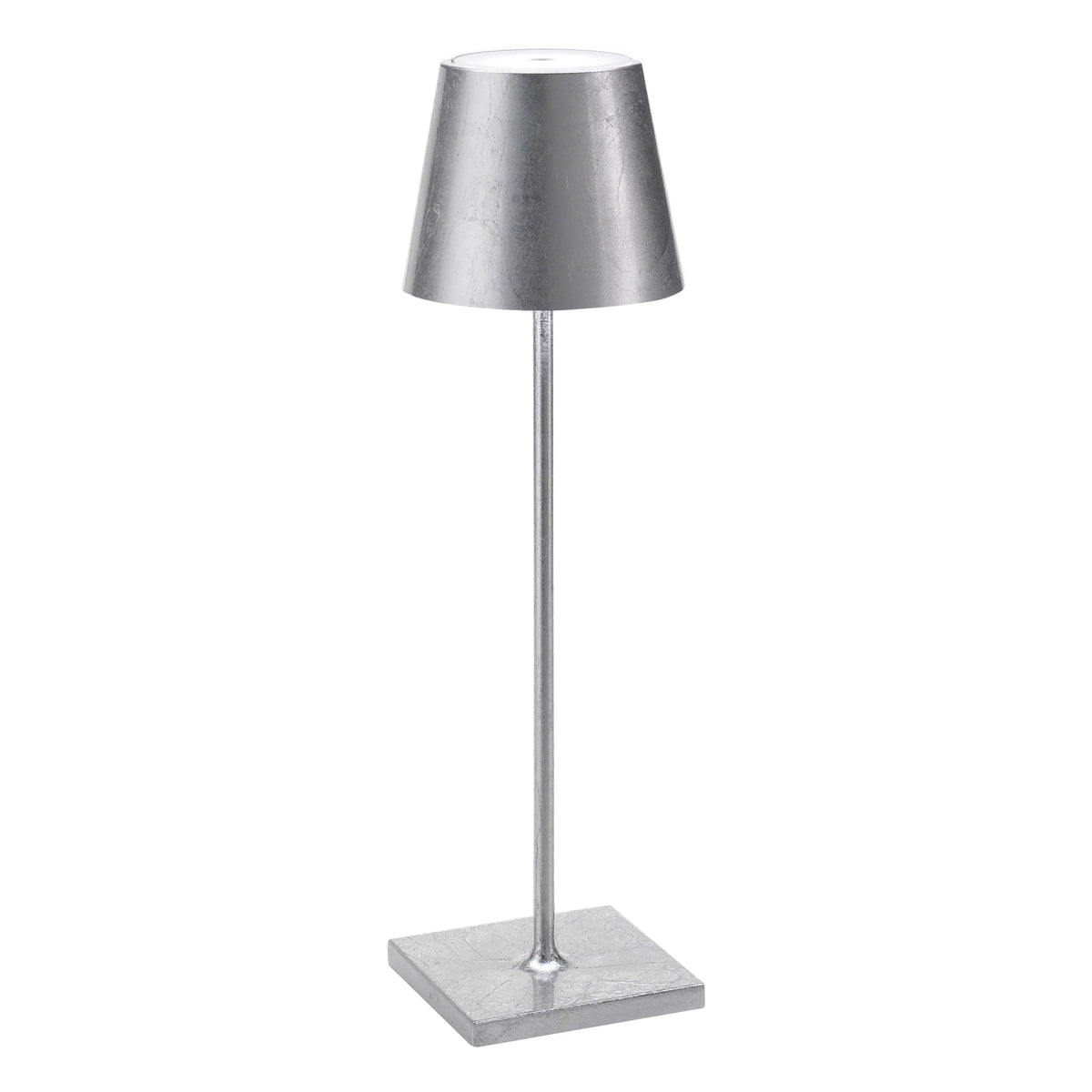 Table lamp with square base, stem and metallic gray shade, simple modern design