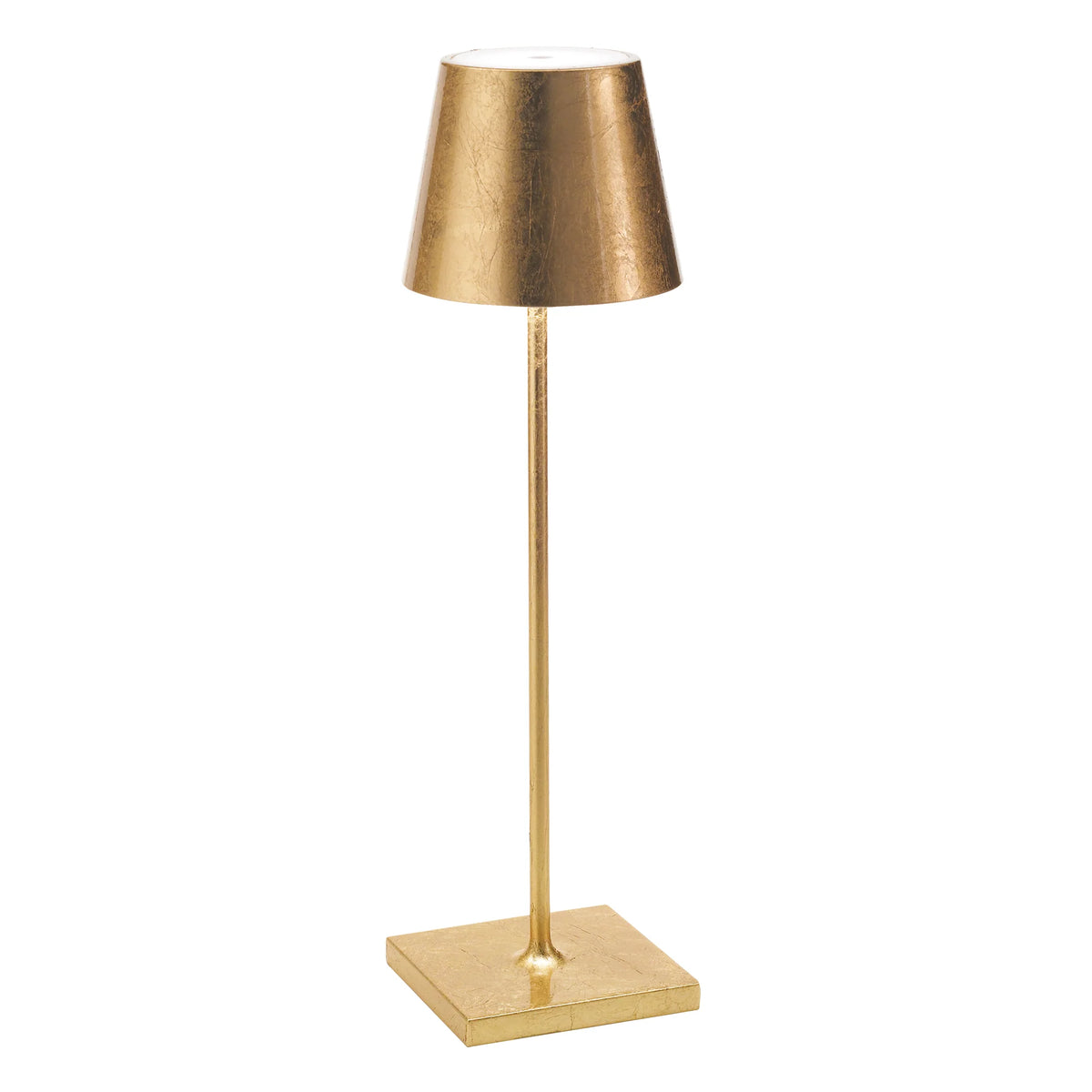 Golden metal table lamp with square base, slim stem and velvety conical shade, on white background.