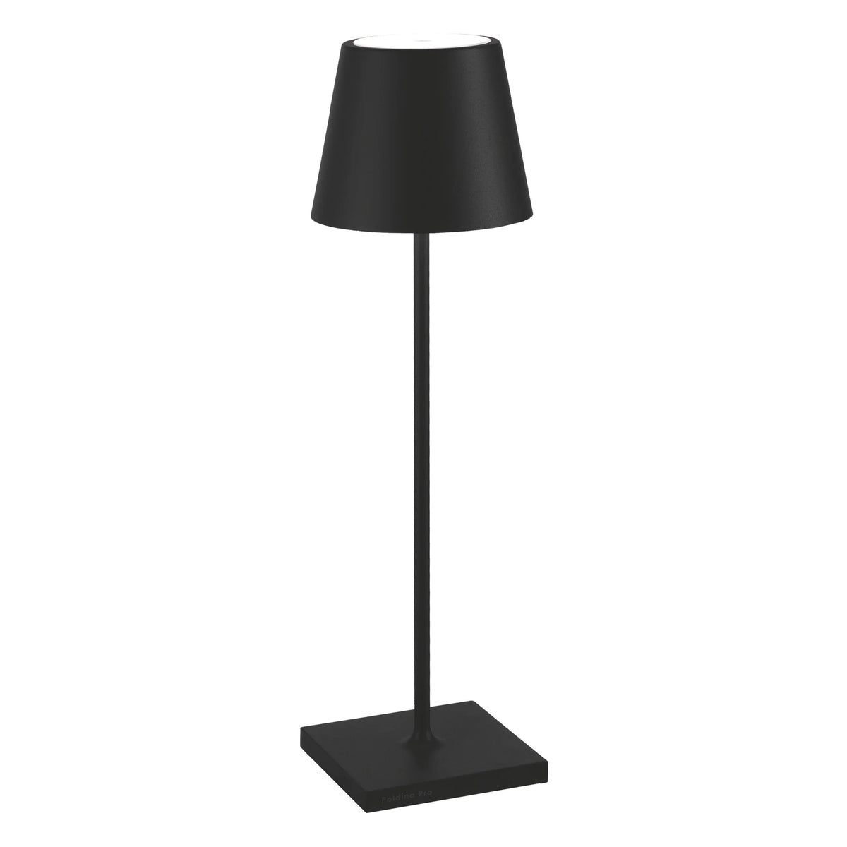 Black table lamp with square base, slim stem and conical shade, modern minimal design