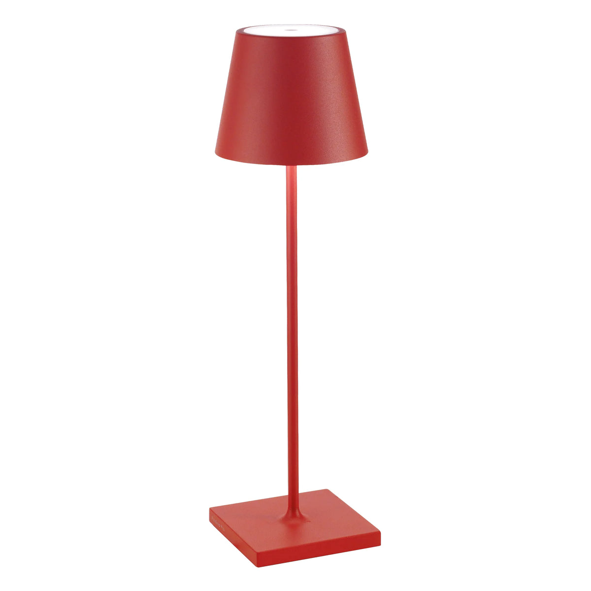 Red metal table lamp with conical shade and square base, LED lighting, white background.