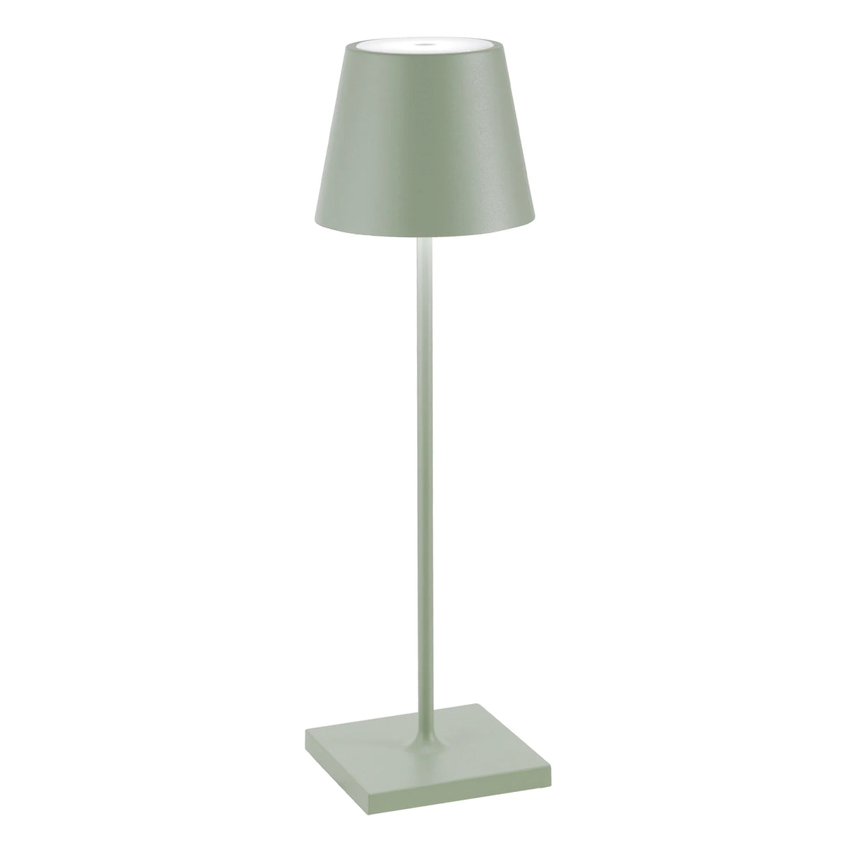 Matte sage green table lamp with conical shade, square base and slim metal structure, on white background.