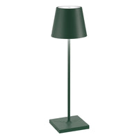 Green table lamp with conical shade, square base and slim structure, minimalist design, visible metallic material