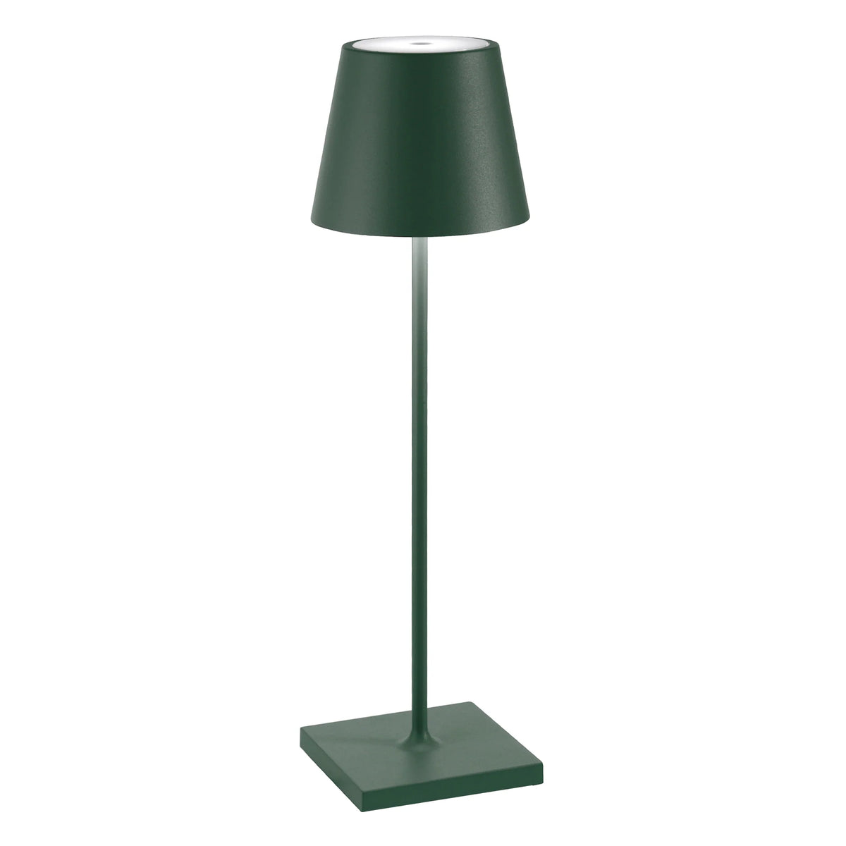 Green table lamp with conical shade, square base and slim structure, minimalist design, visible metallic material