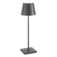 Gray table lamp with conical shade, square base and slim stem, modern minimalist design