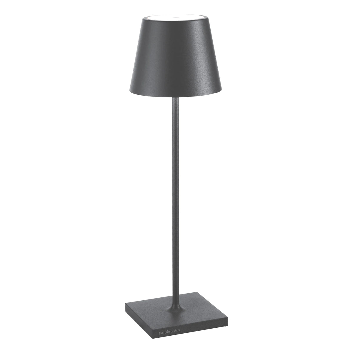 Gray table lamp with conical shade, square base and slim stem, modern minimalist design