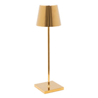 Shiny golden metal table lamp with square base, slim stem and conical shade on white background