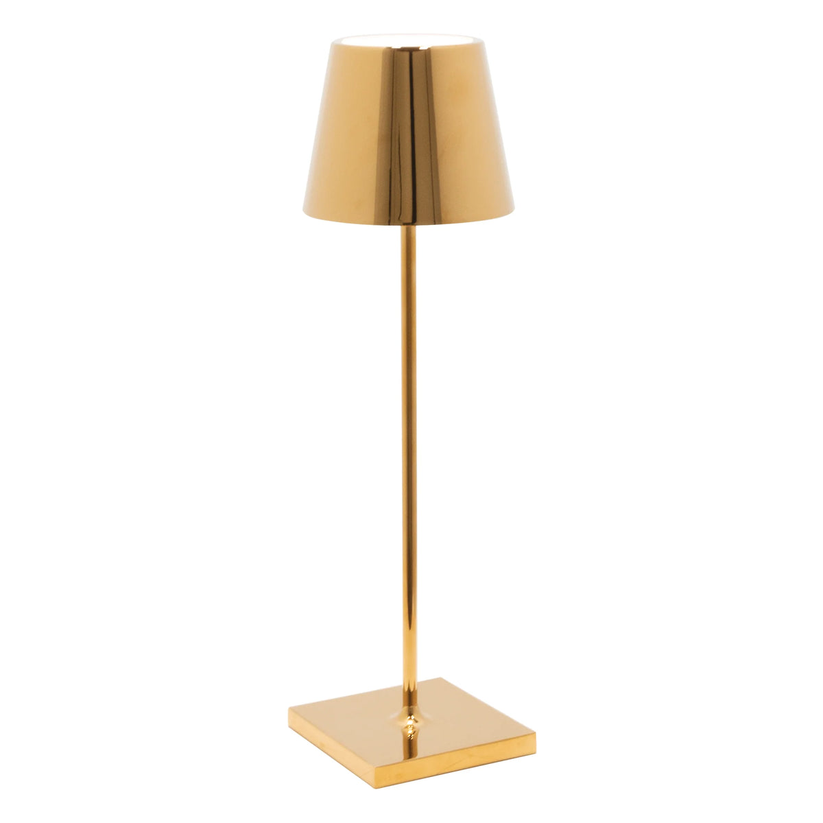 Shiny golden metal table lamp with square base, slim stem and conical shade on white background