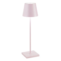 Pink table lamp with conical shade, square base and slim stem, matte plastic material, white background