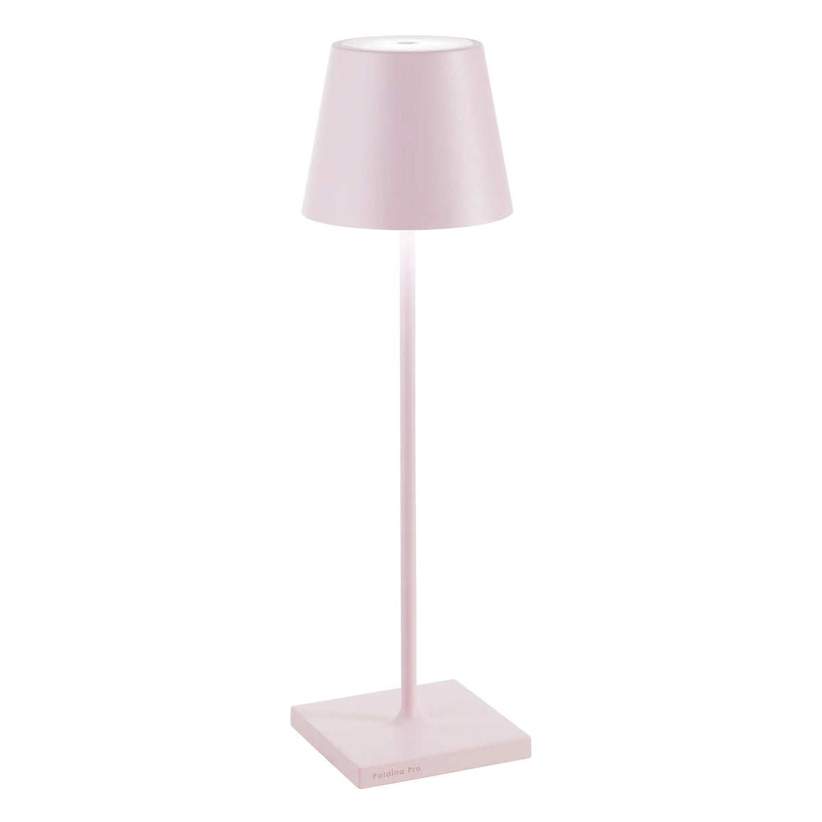 Pink table lamp with conical shade, square base and slim stem, matte plastic material, white background