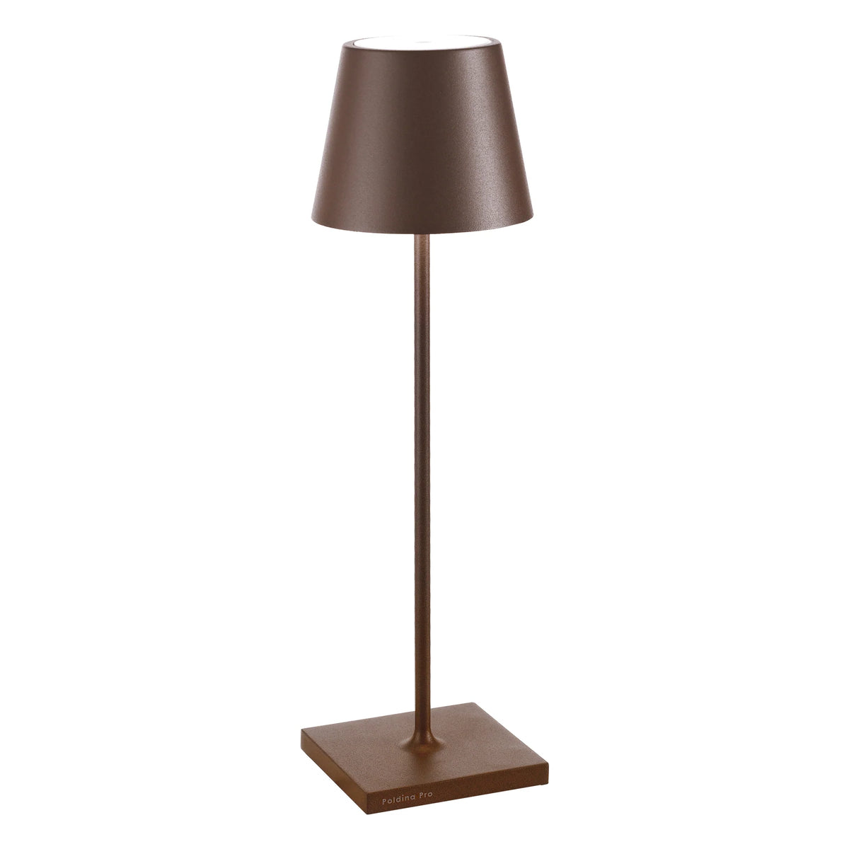 Brown table lamp with slim body, conical shade and square base with Poldina Pro lettering