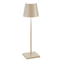 Beige table lamp with conical shade and square base, minimalist design, matte plastic or metal material