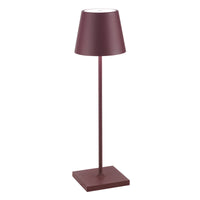 Burgundy metal table lamp with square base, slim stem and matte conical shade, white background.
