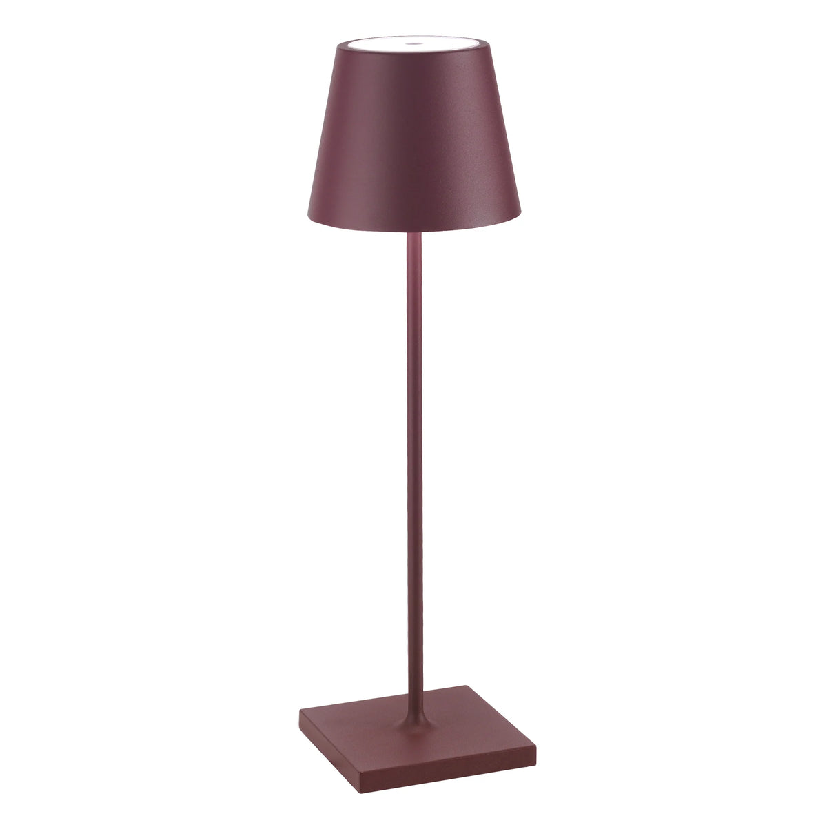 Burgundy metal table lamp with square base, slim stem and matte conical shade, white background.