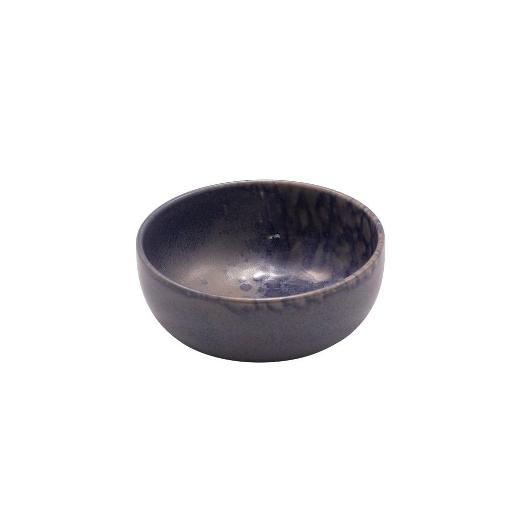 Round glossy ceramic bowl with blue and brown gradient decoration, no other visible objects or background