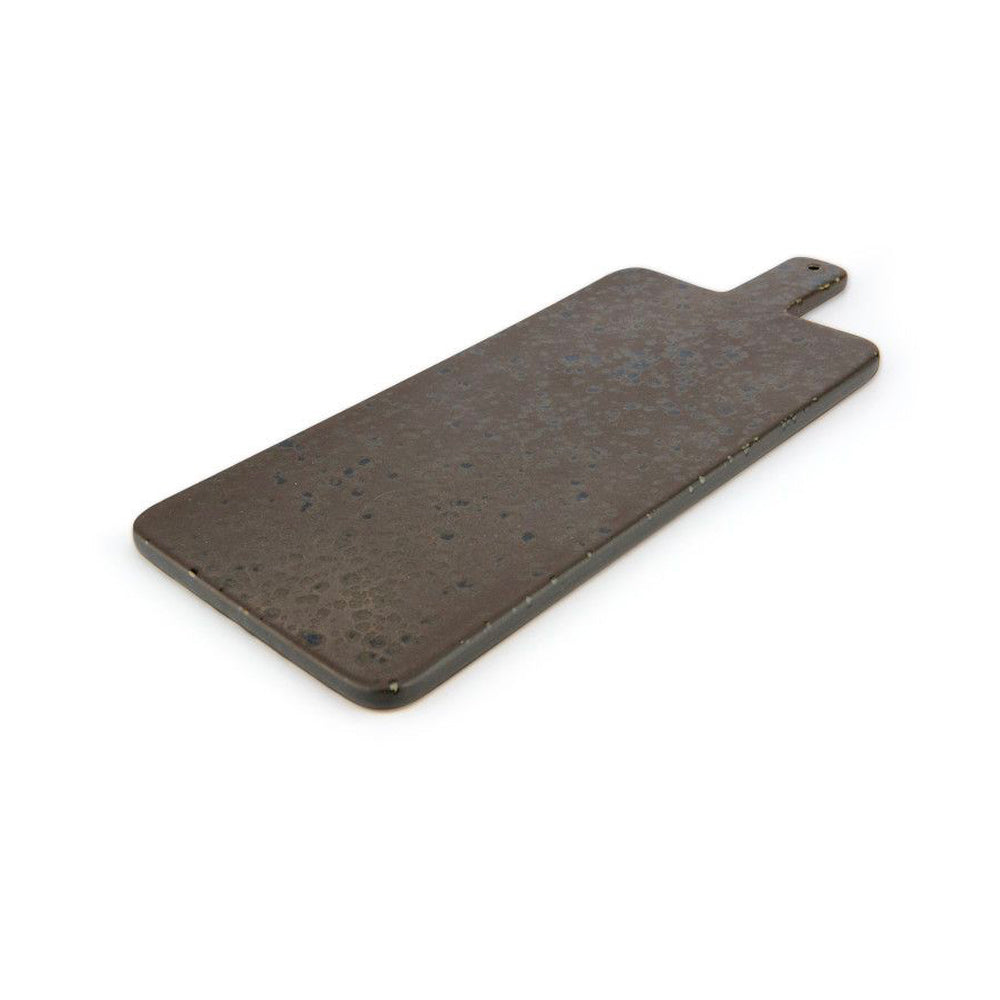 Rectangular brown ceramic cutting board with handle and hole, slightly irregular surface, on white background.