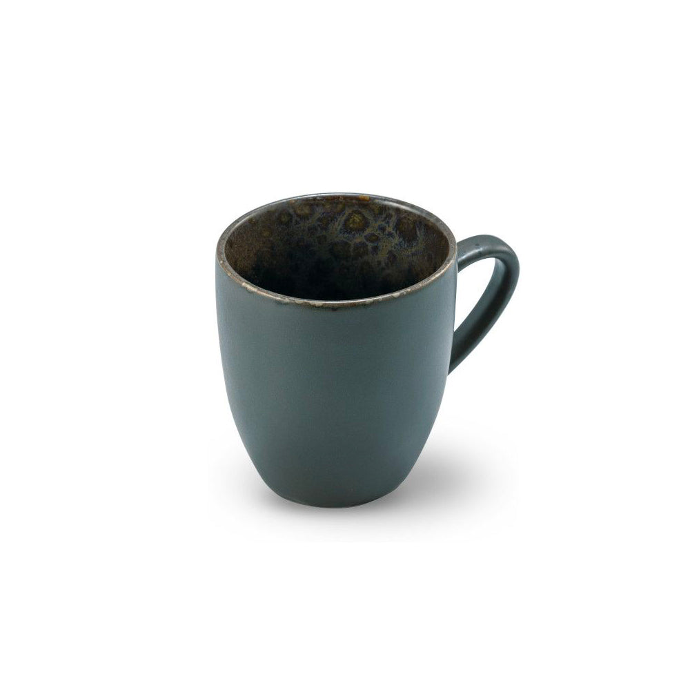 Matte dark gray ceramic mug with glossy brown interior and handle, on white background.