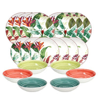 Set di piatti e ciotole in ceramica con decoro tropicale a foglie verdi e fiori arancioni, ciotole con interno colorato a spirale.