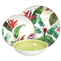 set di tre piatti in ceramica con decorazioni floreali tropicali verdi, rossi e arancioni e piatto fondo verde chiaro a righe concentriche