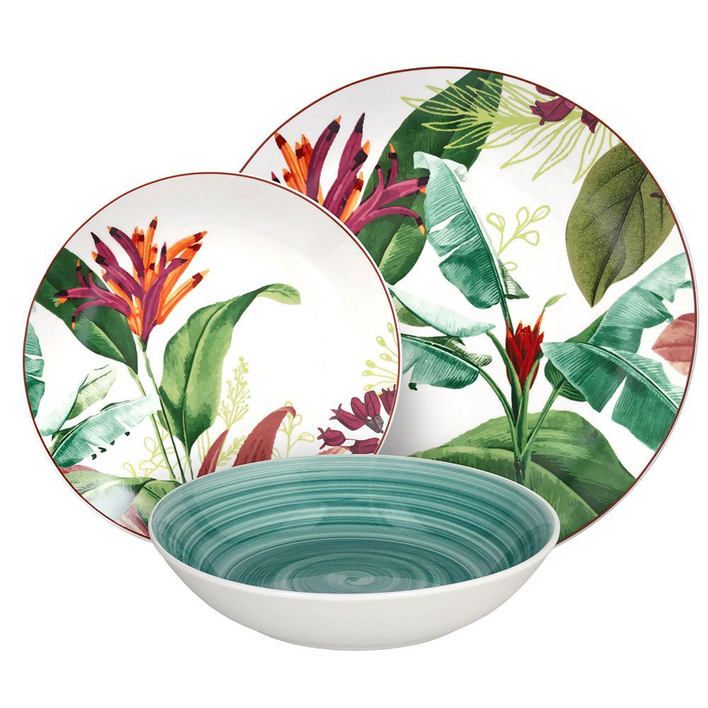 Set di piatti in ceramica composto da un piatto fondo azzurro con effetto sfumato e due piatti piani bianchi con decorazioni floreali