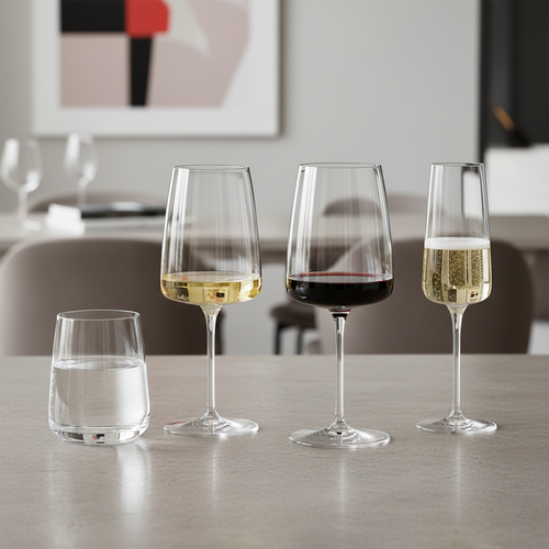 Vier transparente Gläser auf einer Fläche mit Wasser, Weißwein, Rotwein und Schaumwein, moderne Inneneinrichtung.