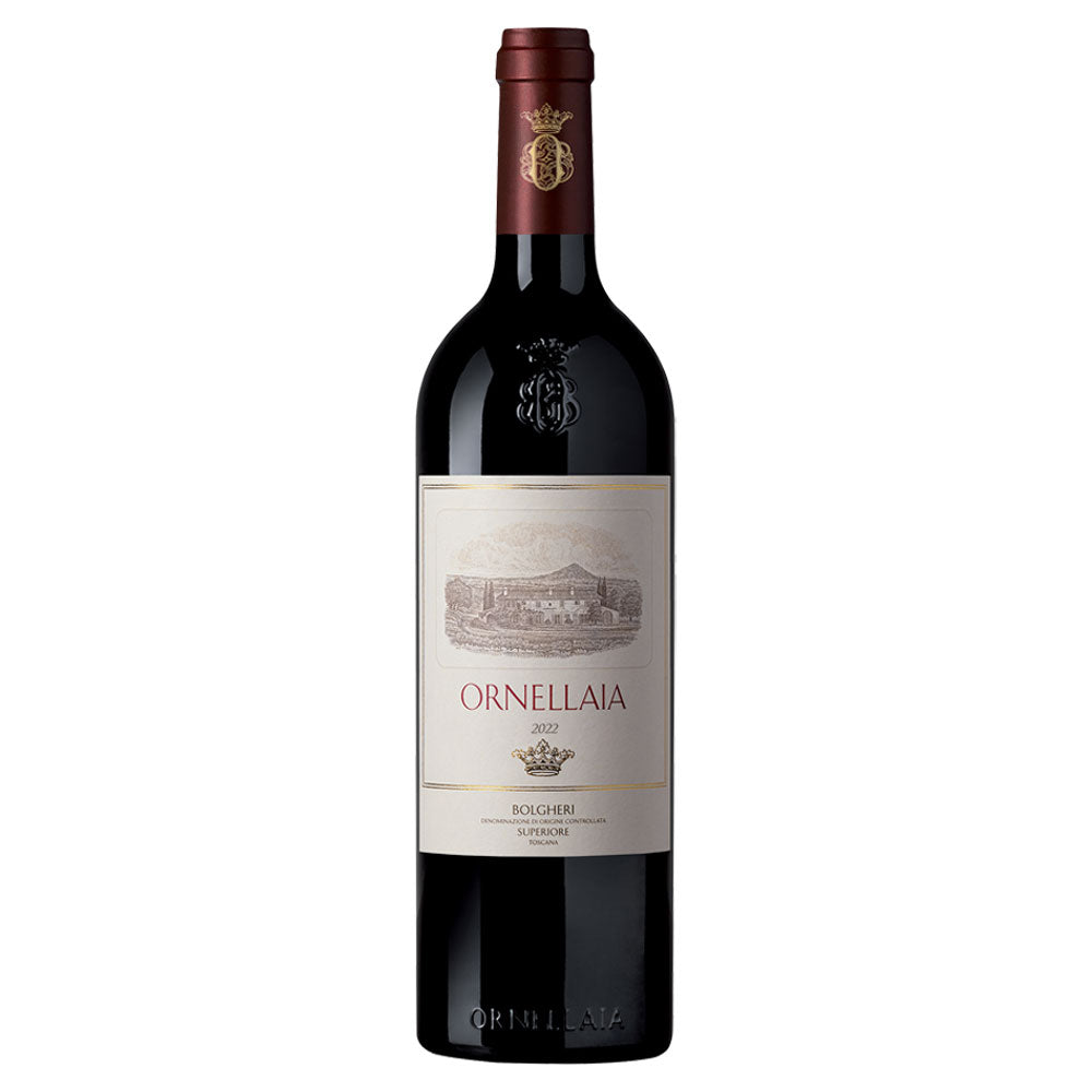 Ornellaia 2022 red wine bottle in dark glass with beige label, landscape design and golden crown on white background.