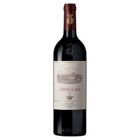 Ornellaia 2022 red wine bottle in dark glass with beige label, landscape design and golden crown on white background.