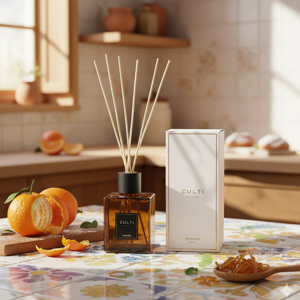 Diffuseur d'ambiance en verre ambré avec bâtonnets en bois, à côté d'une boîte blanche avec inscription CULTI MILANO, sur table avec carreaux colorés et