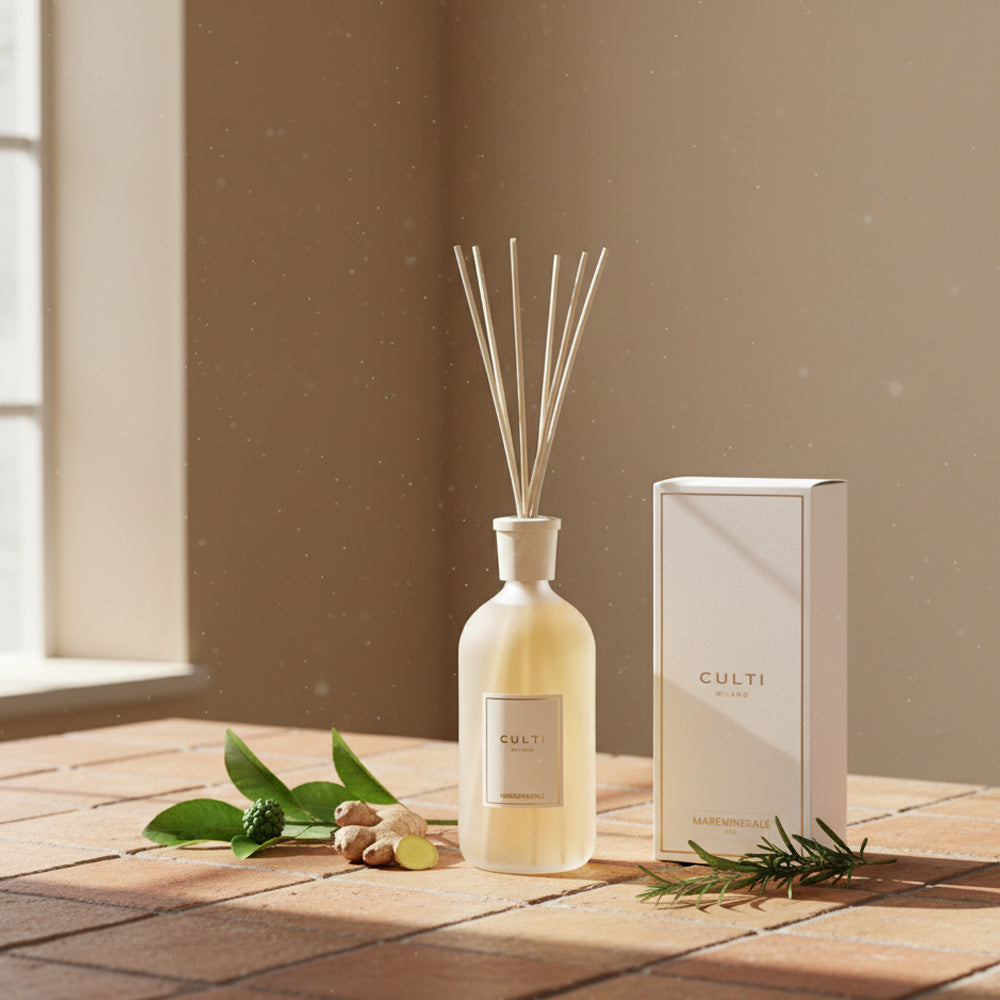 Difusor de ambiente en vidrio opaco con varillas de madera, caja blanca con texto CULTI MILANO, hojas verdes y raíz de jengibre sobre superficie de ladrillo