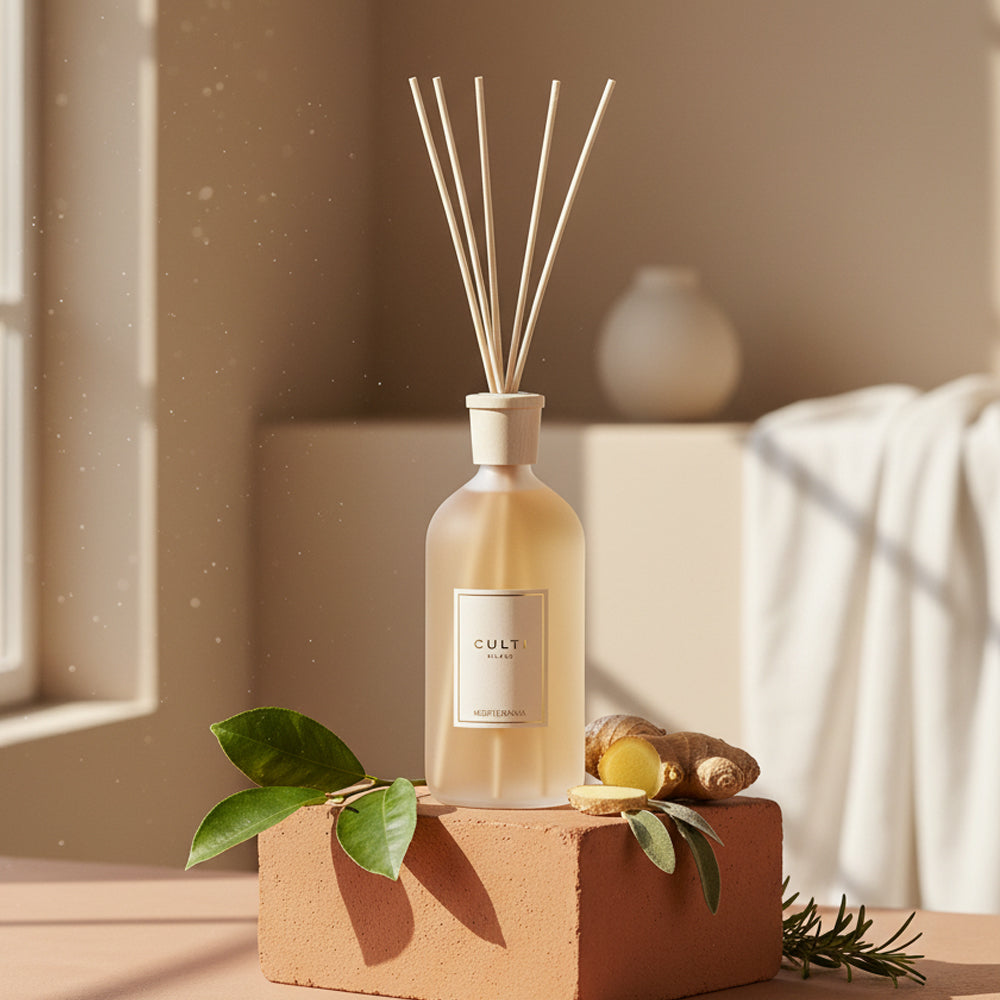 Difusor de perfume Culti en botella de vidrio satinado beige con varillas, hojas verdes y raíz de jengibre sobre ladrillo rojo en ambiente