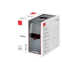 Embalaje blanco con copas de vino tinto de vidrio transparente, logo Bormioli Rocco rojo, texto negro y dimensiones indicadas.