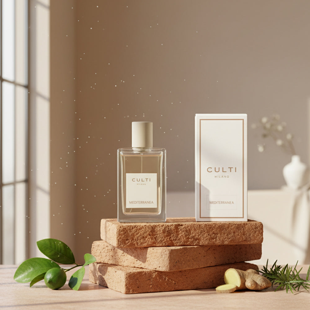 profumo Culti Mediterranea in bottiglia trasparente con tappo bianco, scatola bianca, su mattoni arancioni con lime, radice di zenzero e ramoscello