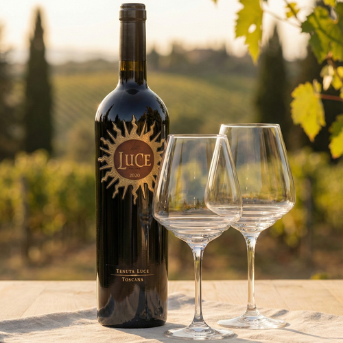 Bouteille de vin rouge Luce Toscana 2020 en verre sombre avec étiquette dorée et deux calices de vin vides sur nappe blanche, vignoble en arrière-plan.