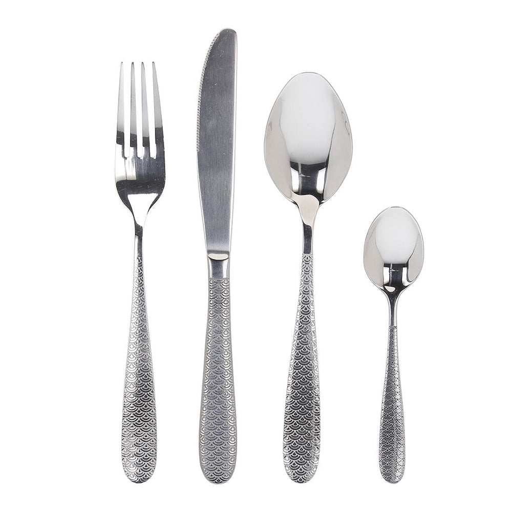 set di posate in acciaio inox composto da forchetta, coltello, cucchiaio e cucchiaino con manico decorato a motivo ricorrente grigio e nero
